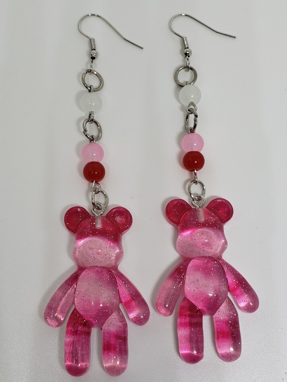 Handmade Beaded Pink White Tie Dye Glitter Teddy Bear Earrings